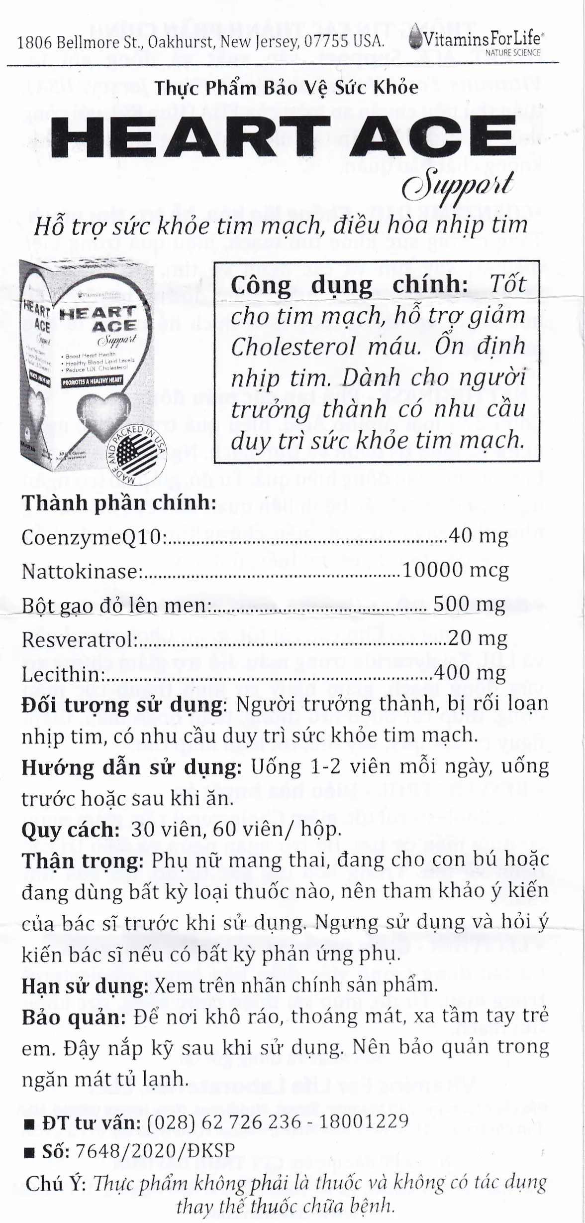 VIÊN UỐNG HỖ TRỢ TIM MẠCH HEART ACE SUPPORT VITAMINS FOR LIFE 30V 10