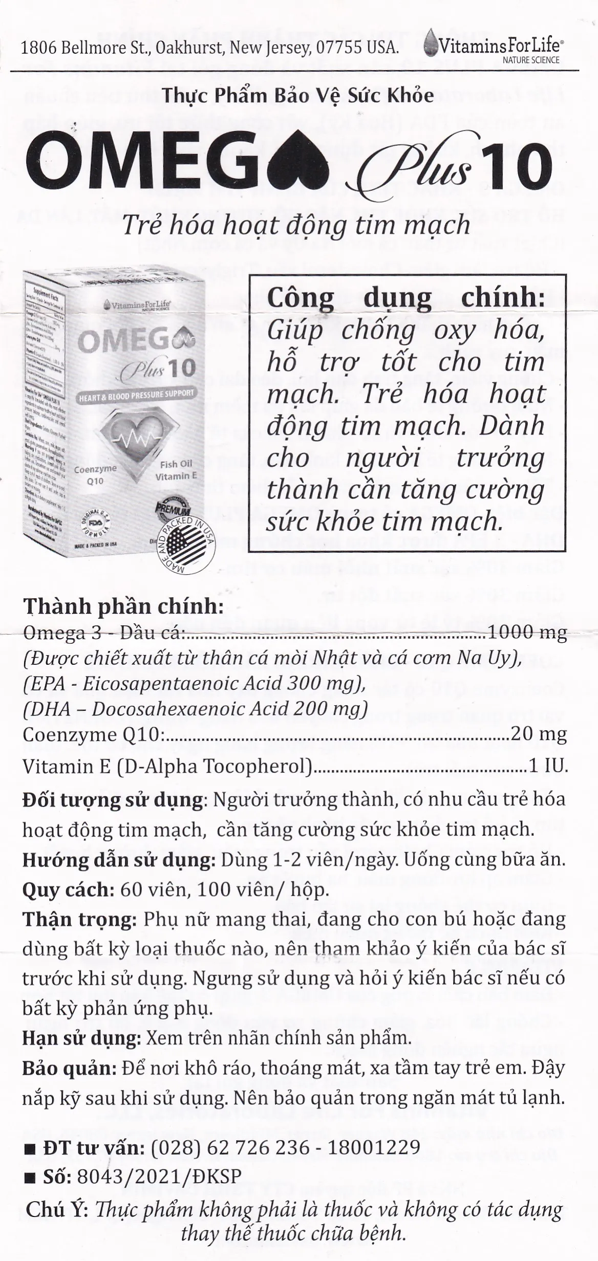 VIÊN UỐNG HỖ TRỢ TIM MẠCH OMEGA PLUS 10 VITAMINS FOR LIFE 60V 8