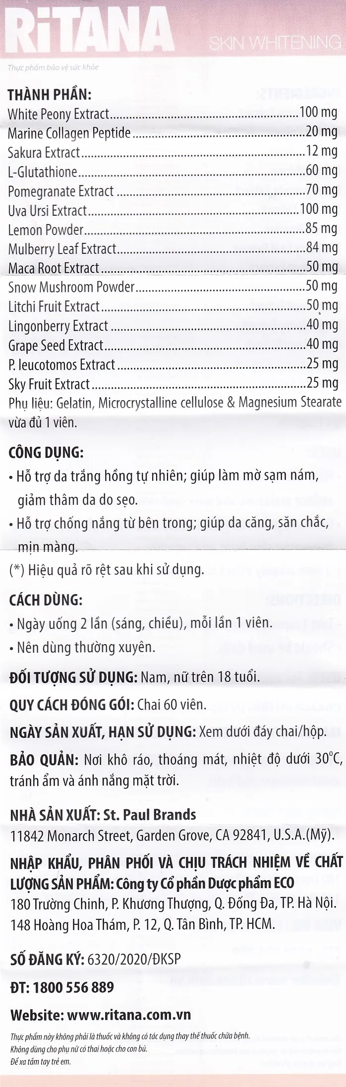 VIÊN UỐNG HỖ TRỢ TRẮNG DA RITANA ECOGREEN 60V 6