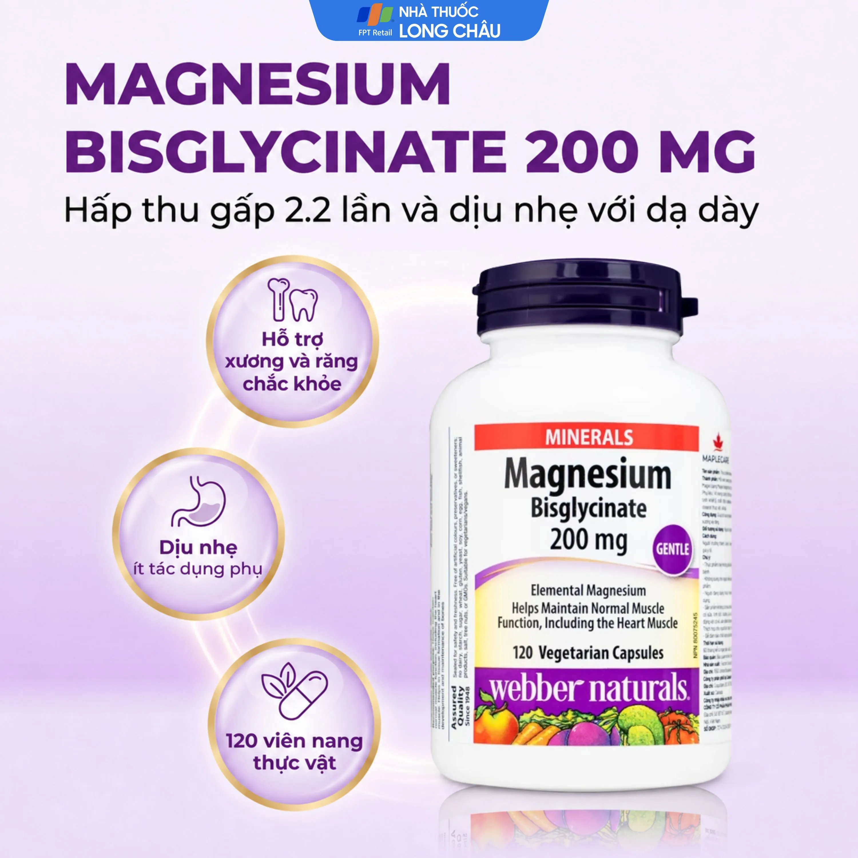 VIÊN UỐNG HỖ TRỢ XƯƠNG RĂNG CHẮC KHỎE MAGNESIUM BISGLYCINATE WEBBER NATURALS 120V 2