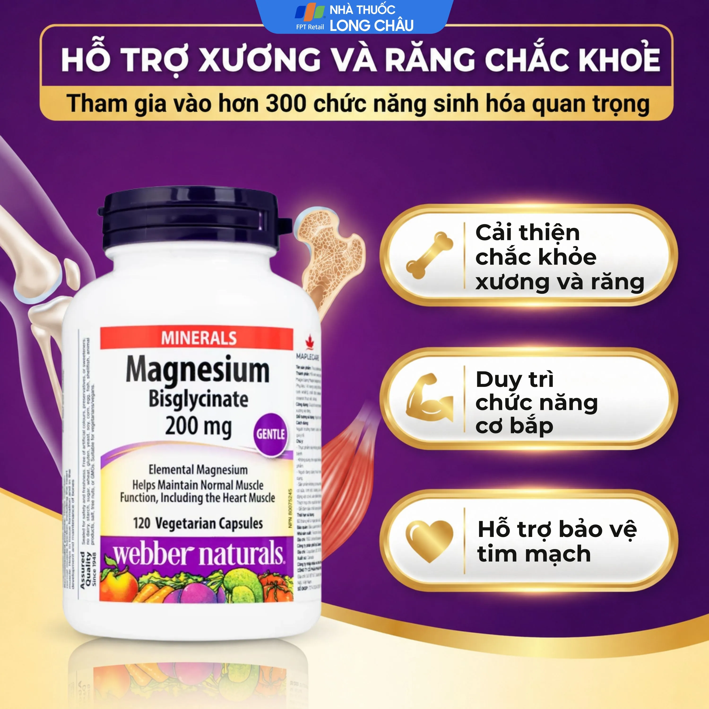 VIÊN UỐNG HỖ TRỢ XƯƠNG RĂNG CHẮC KHỎE MAGNESIUM BISGLYCINATE WEBBER NATURALS 120V 3
