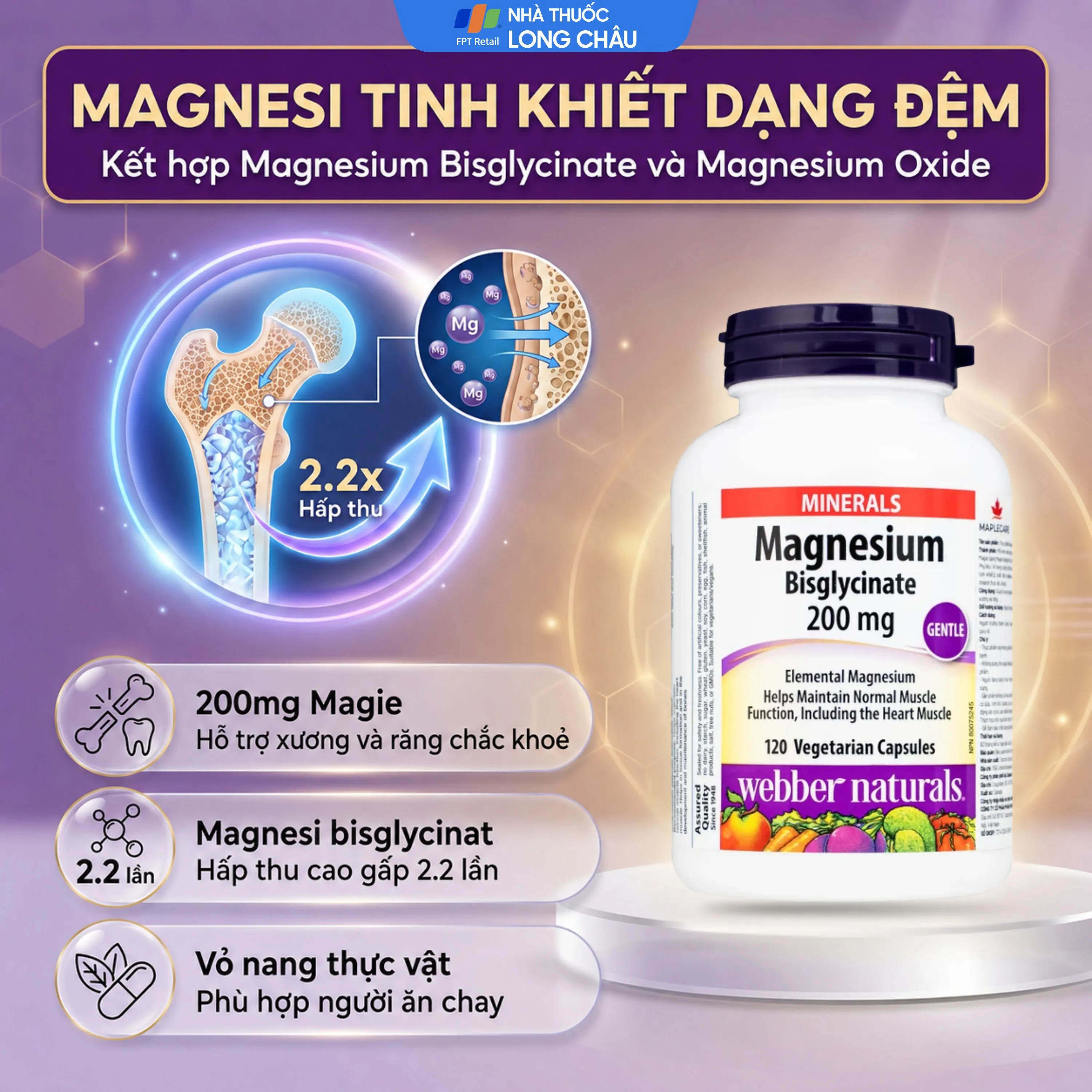VIÊN UỐNG HỖ TRỢ XƯƠNG RĂNG CHẮC KHỎE MAGNESIUM BISGLYCINATE WEBBER NATURALS 120V 4