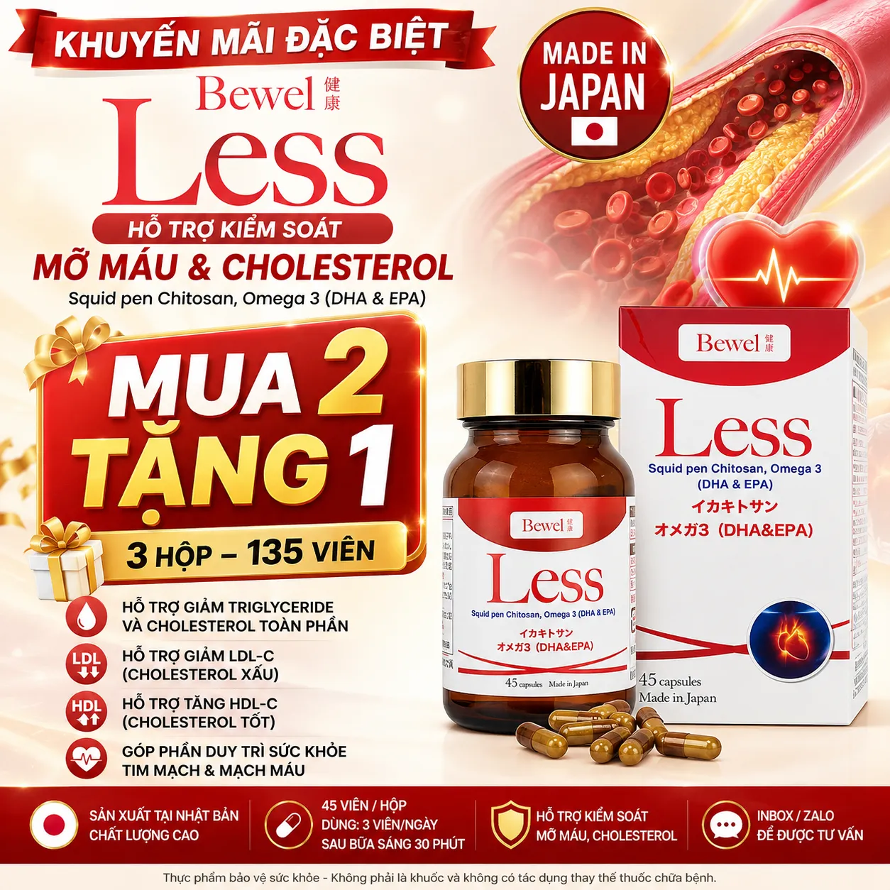 Viên uống kiểm soát mỡ máu, cholesterol Bewel Less 45 viên