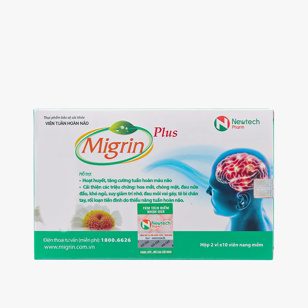 Viên uống Migrin Plus (Hộp 20 viên) giúp hỗ trợ hoạt huyết và bổ não
