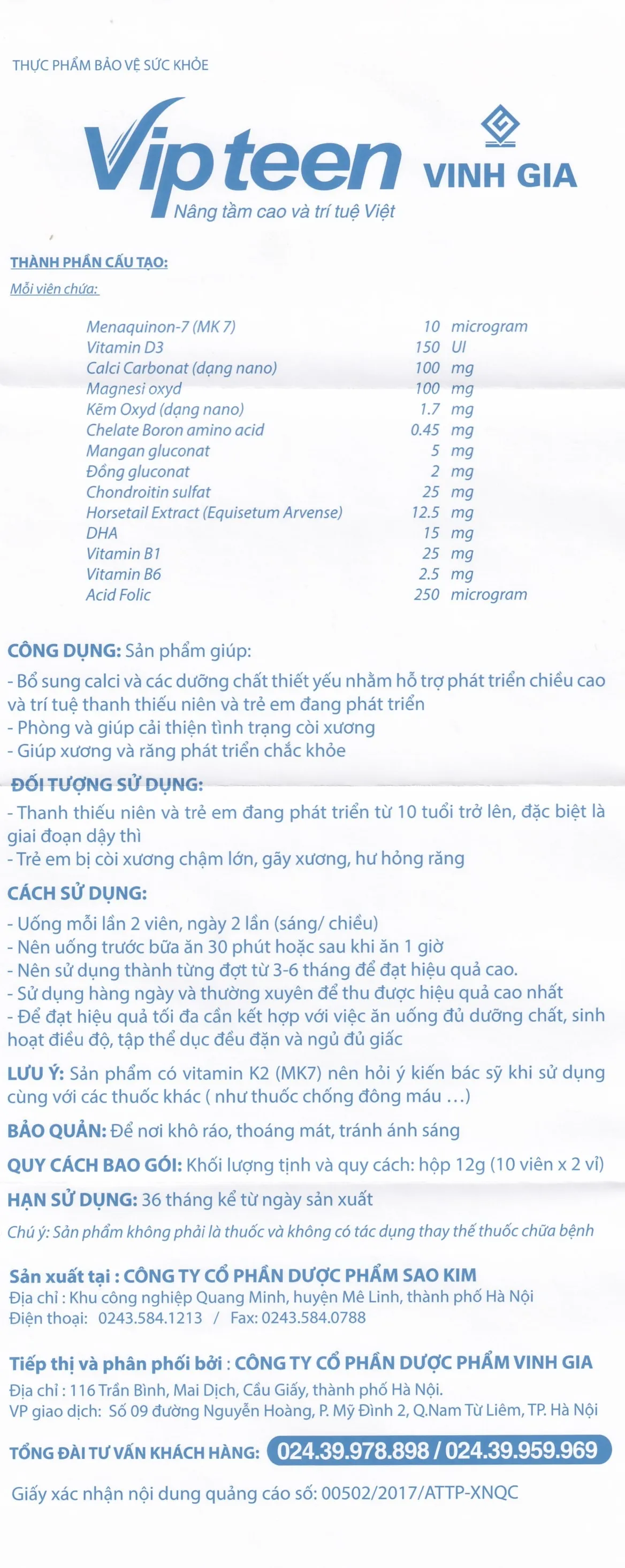 VIÊN UỐNG PHÁT TRIỂN CHIỀU CAO VIPTEEN VINH GIA 2X10 9