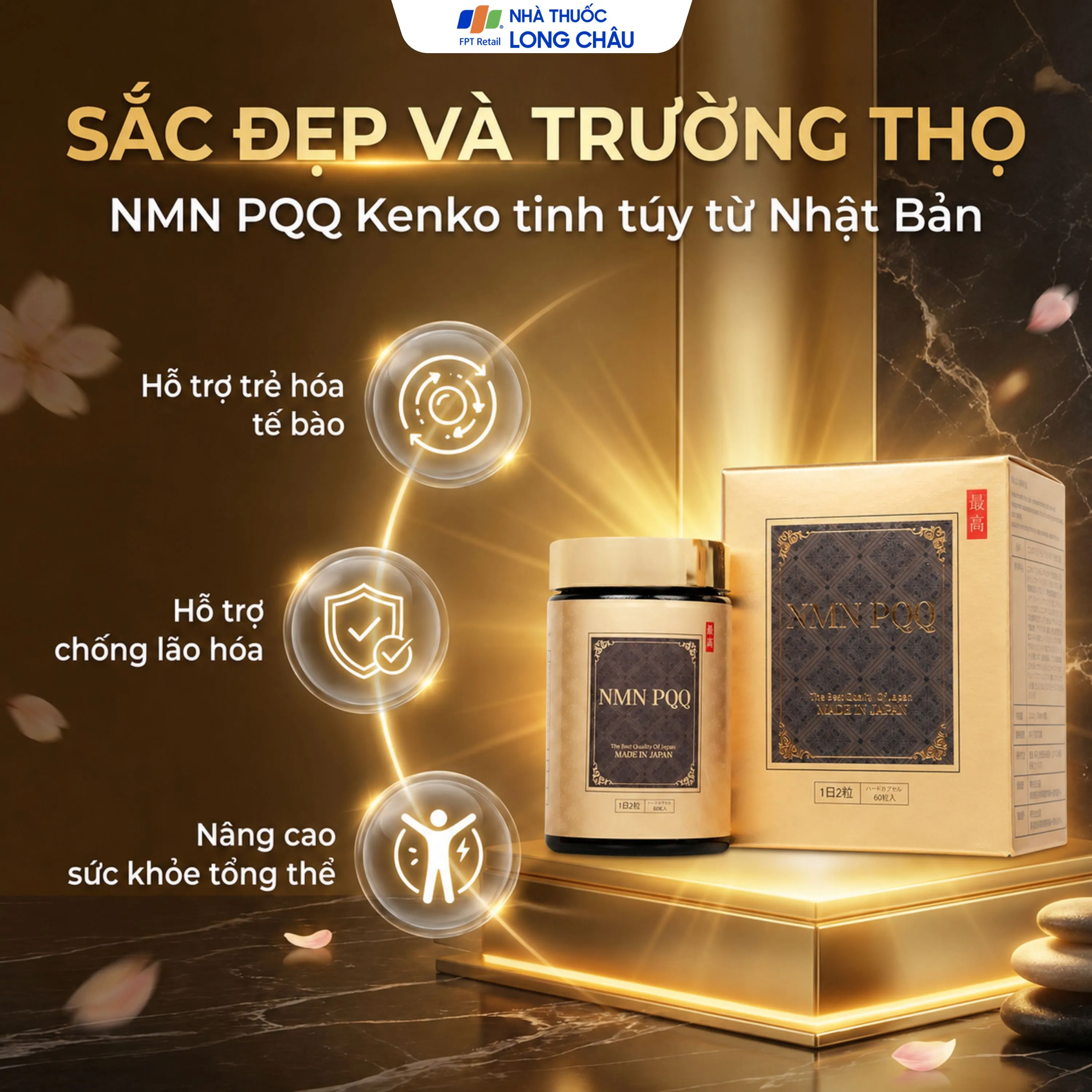 VIÊN UỐNG SẮC ĐẸP , TRƯỜNG THỌ VÀ TRẺ HÓA DA NMN PQQ KENKO 60V 2