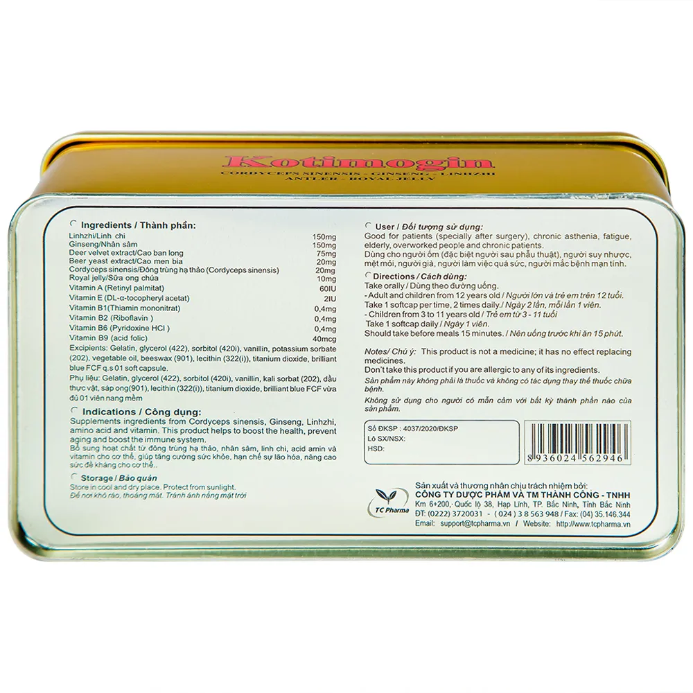 VIÊN UỐNG SÂM - ĐÔNG TRÙNG HẠ THẢO KOTIMOGIN 20X3 12