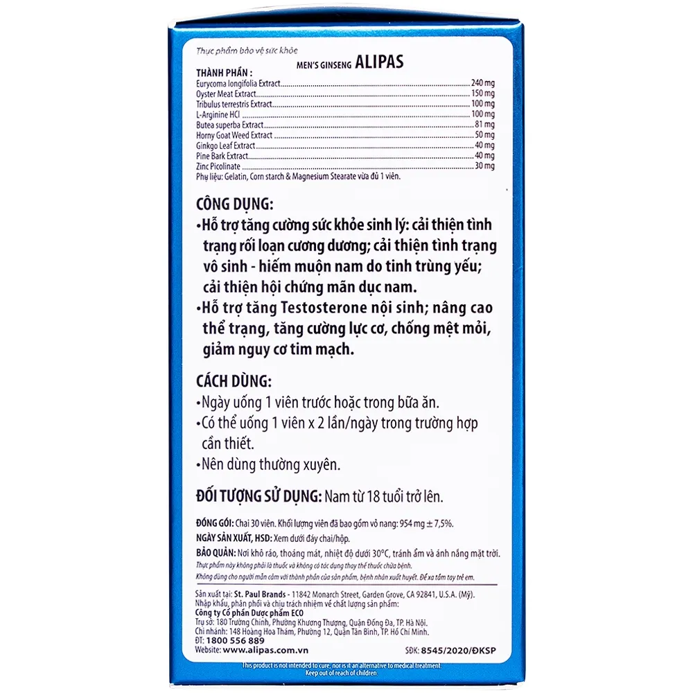 VIÊN UỐNG TĂNG CƯỜNG SINH LÝ CHO NAM MEN’S GINSENG ALIPAS ECOGREEN 30V 8