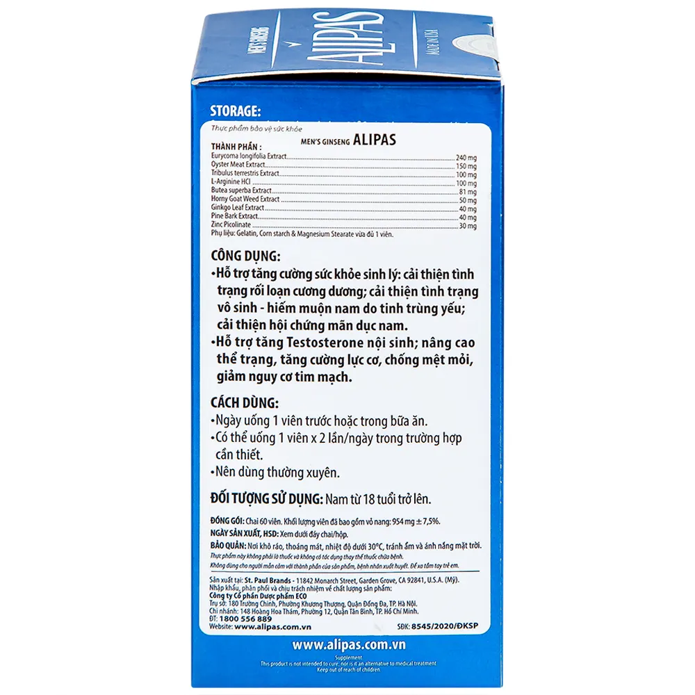 VIÊN UỐNG TĂNG CƯỜNG SINH LÝ NAM MEN’S GINSENG ALIPAS ECOGREEN 60V 7