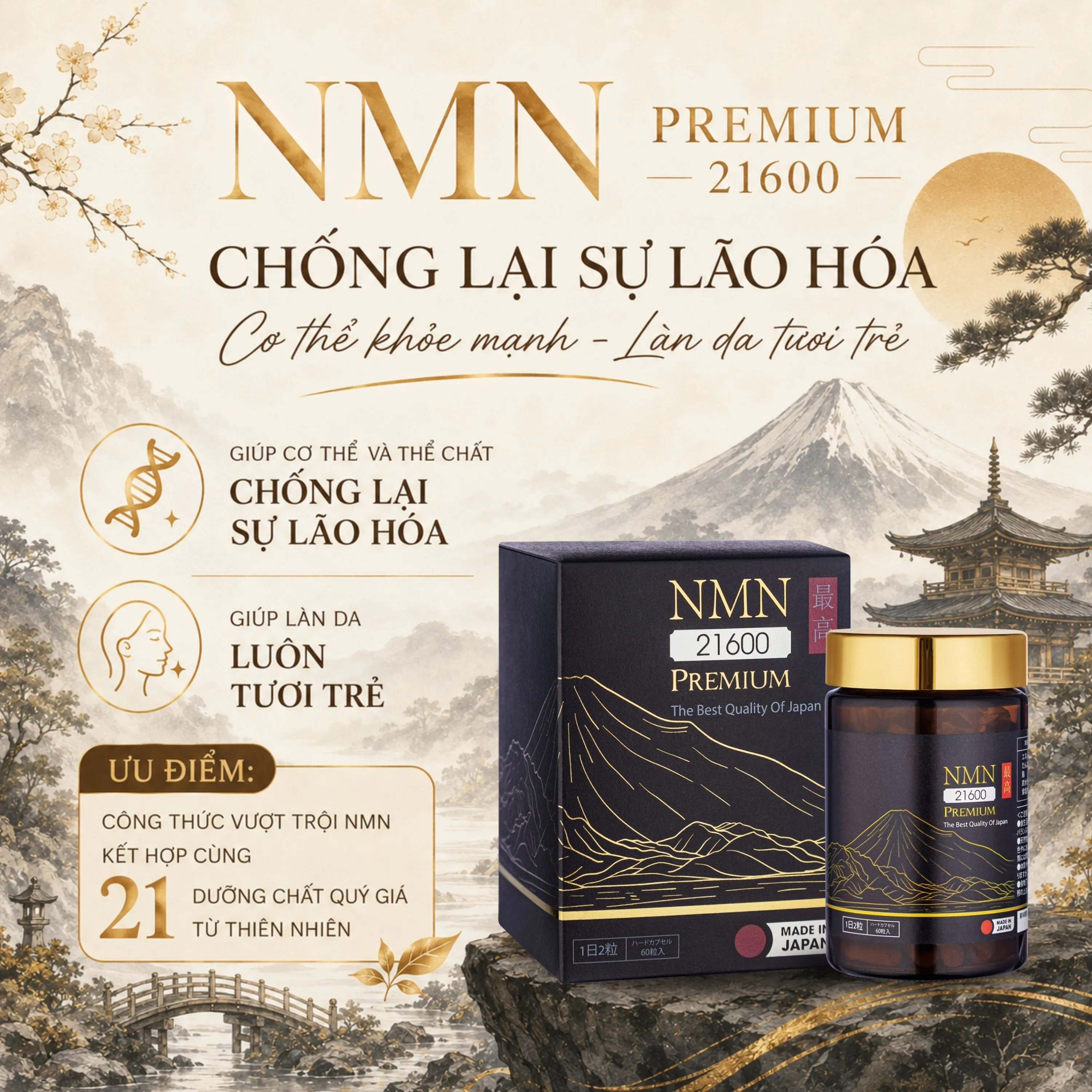 VIÊN UỐNG TRƯỜNG THỌ, TRẺ HOÁ DA NMN PREMIUM 21600 60V 2