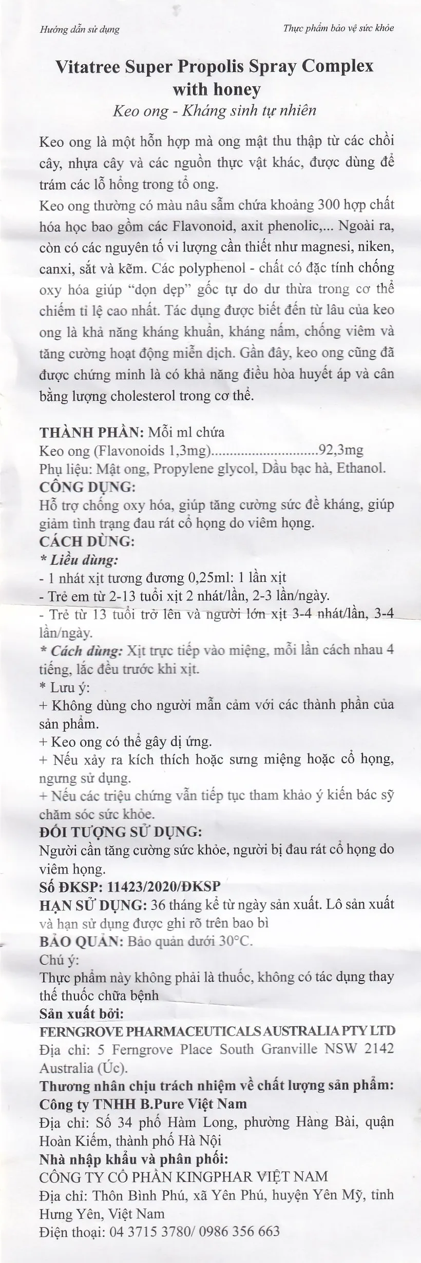 XỊT HỌNG KEO ONG VITATREE SUPER PROPOLIS SPRAY COMPLEX WITH HONEY 30ML 12